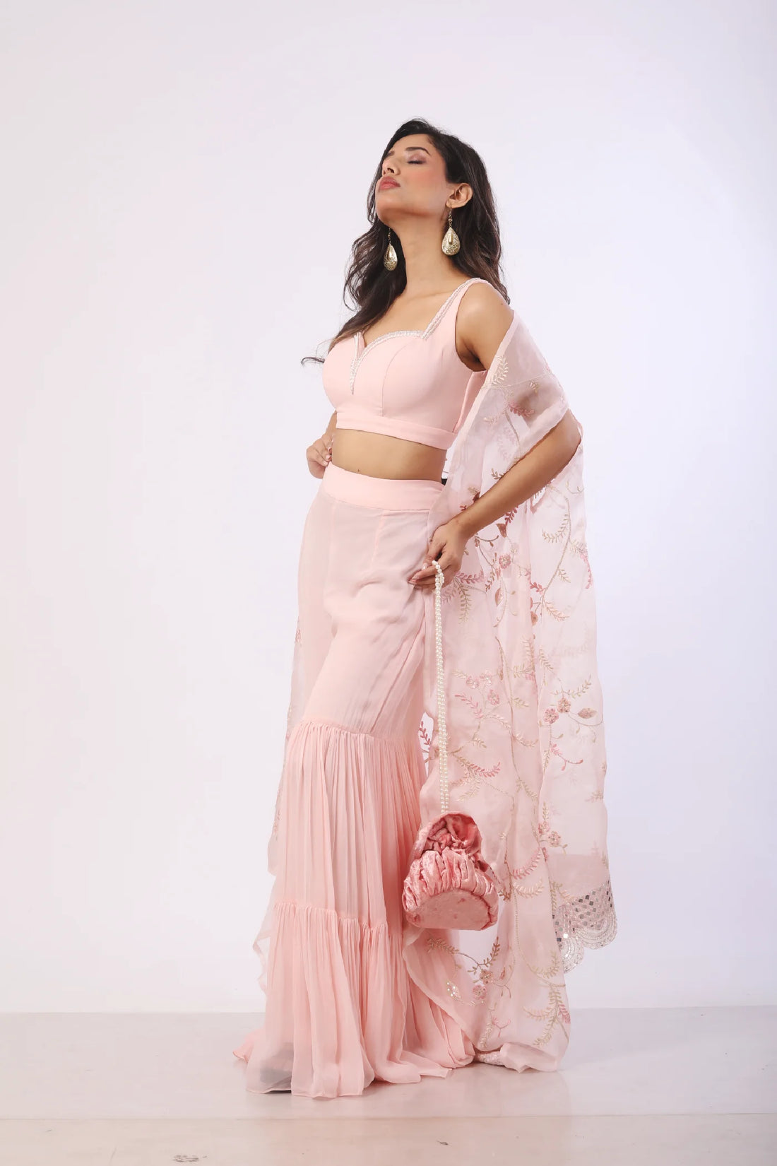 Baby Pink Organza Shrug with Bustier and Sharara