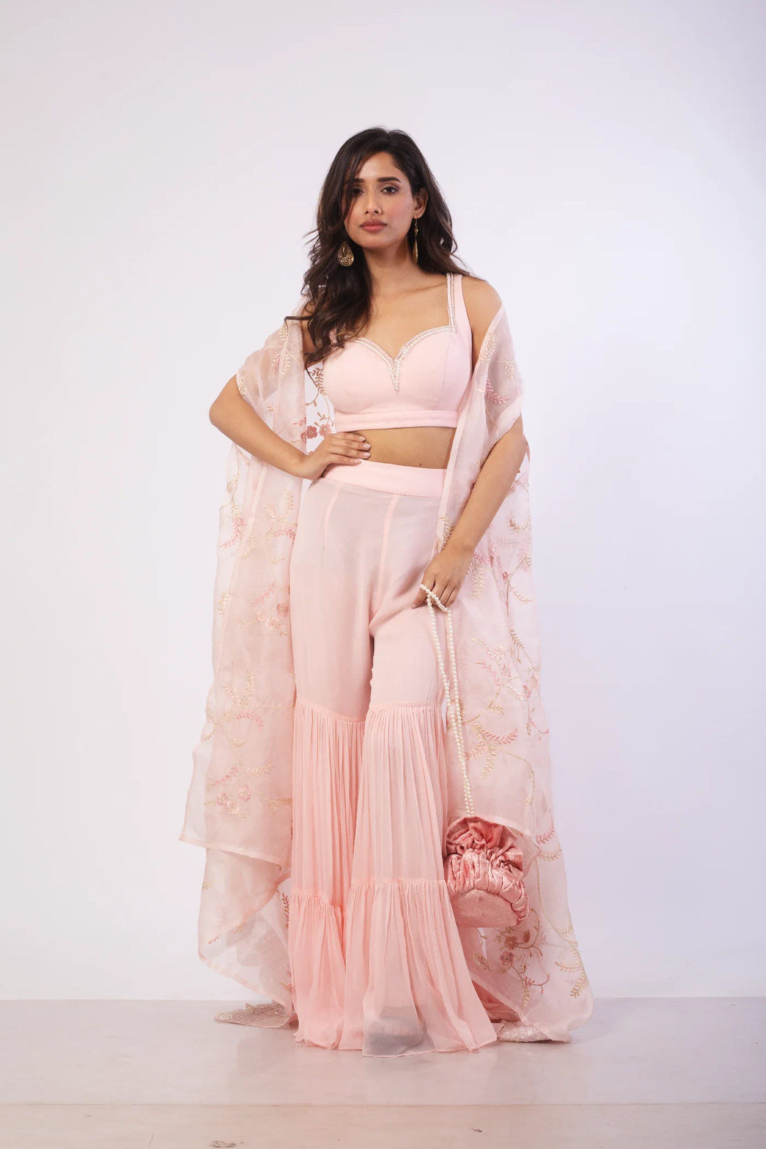 Baby Pink Organza Shrug with Bustier and Sharara