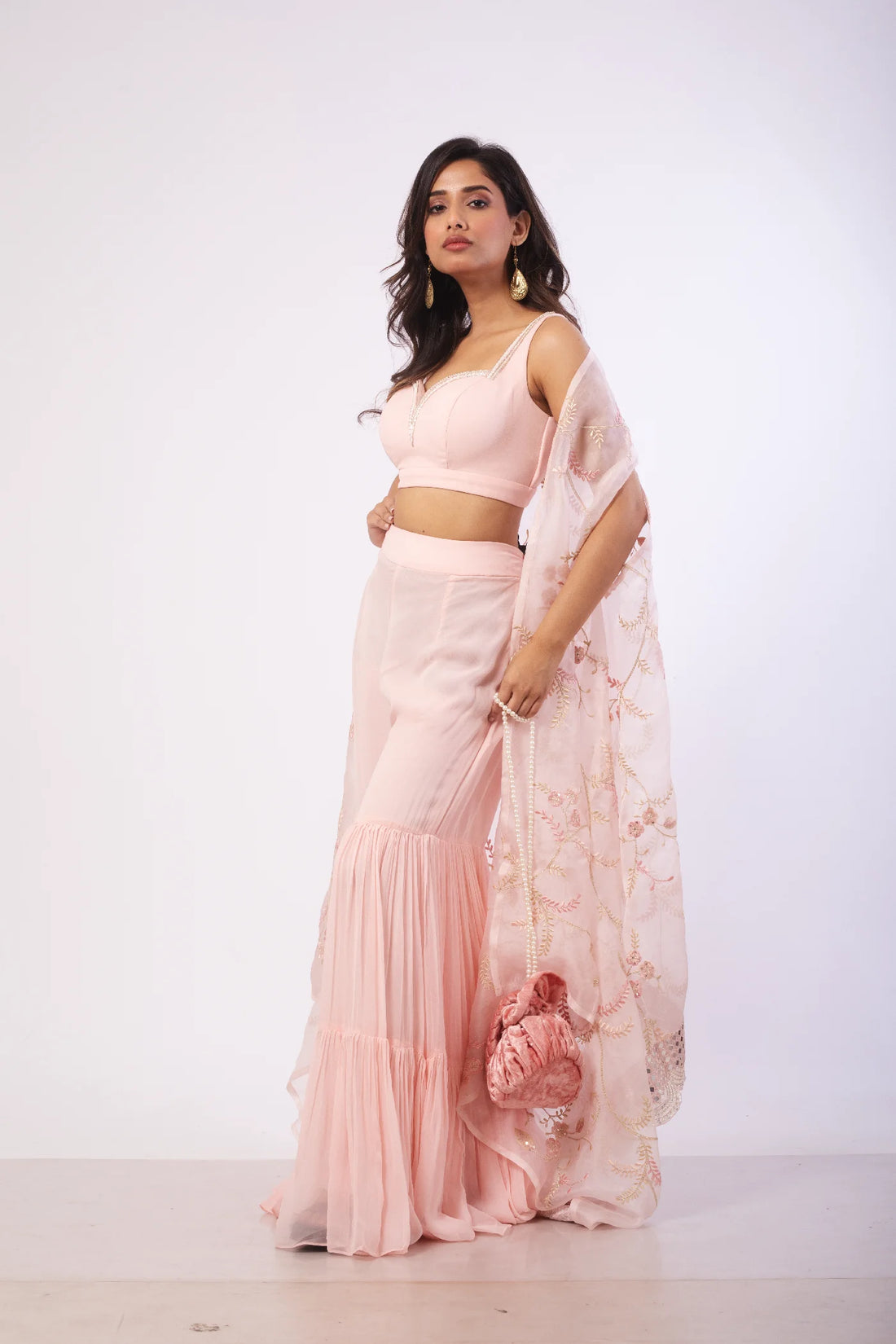 Baby Pink Organza Shrug with Bustier and Sharara