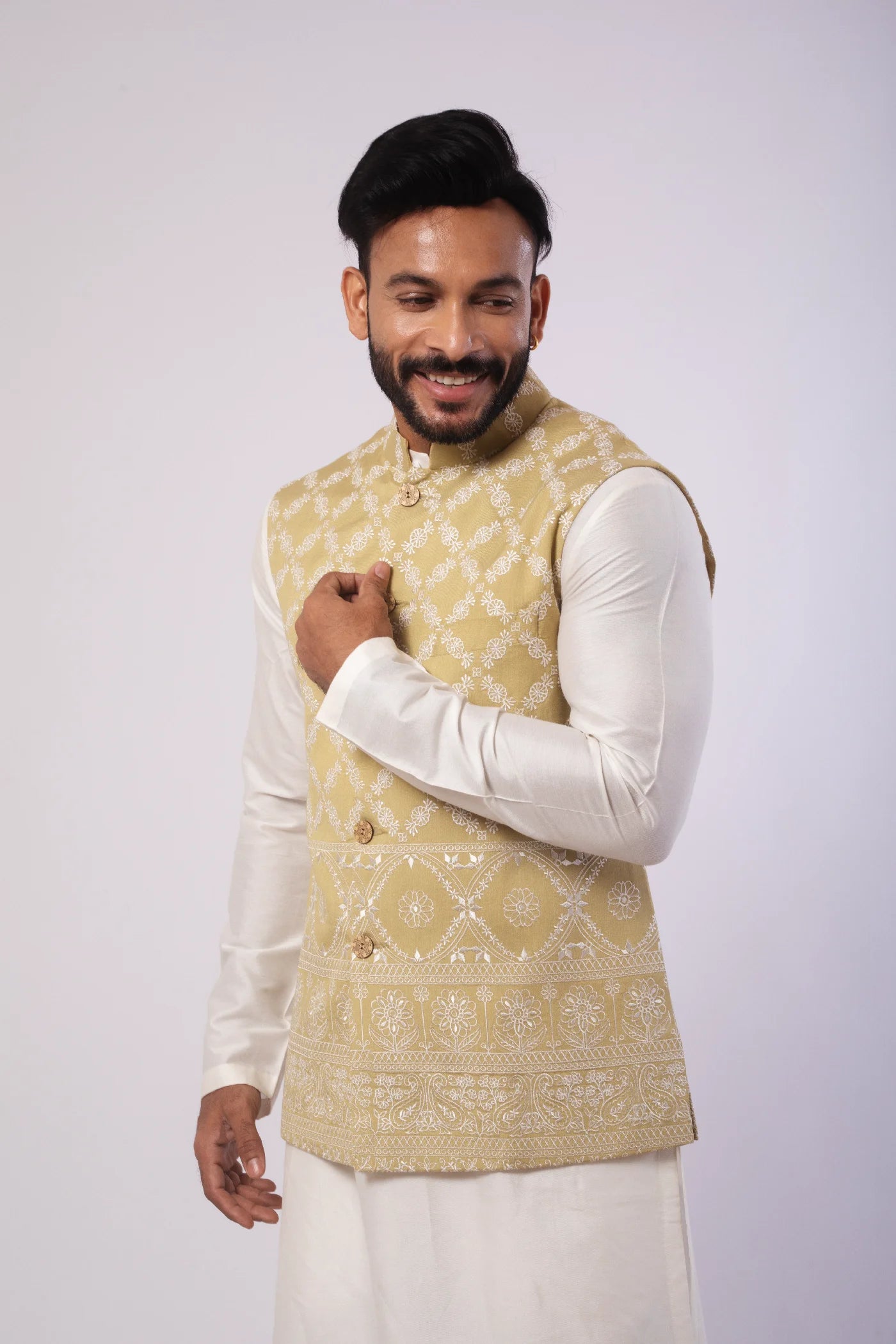 Mint Green Embroidered Katan Silk Kurta Set with Nehru Jacket