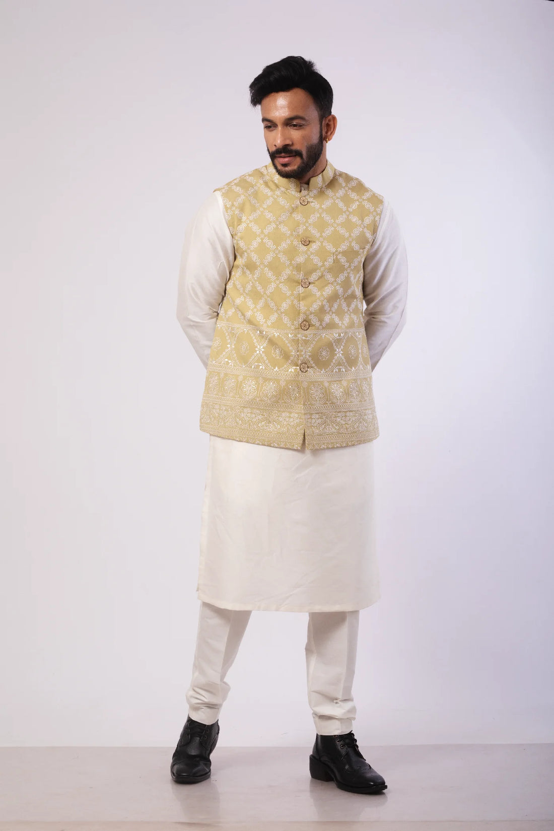 Mint Green Thread work Embroidered Nehru Coat with Kurta and Pant set