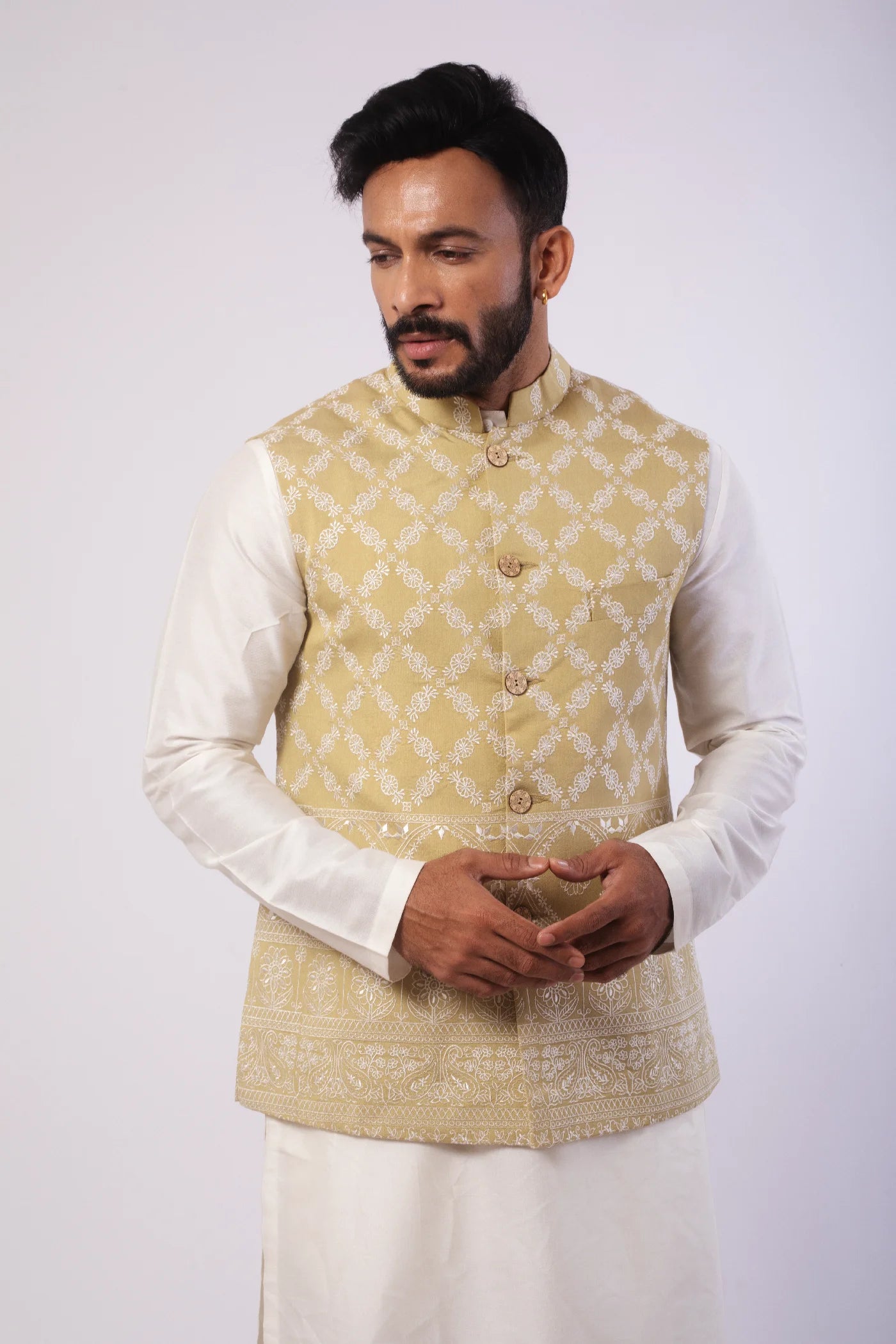 Mint Green Embroidered Katan Silk Kurta Set with Nehru Jacket