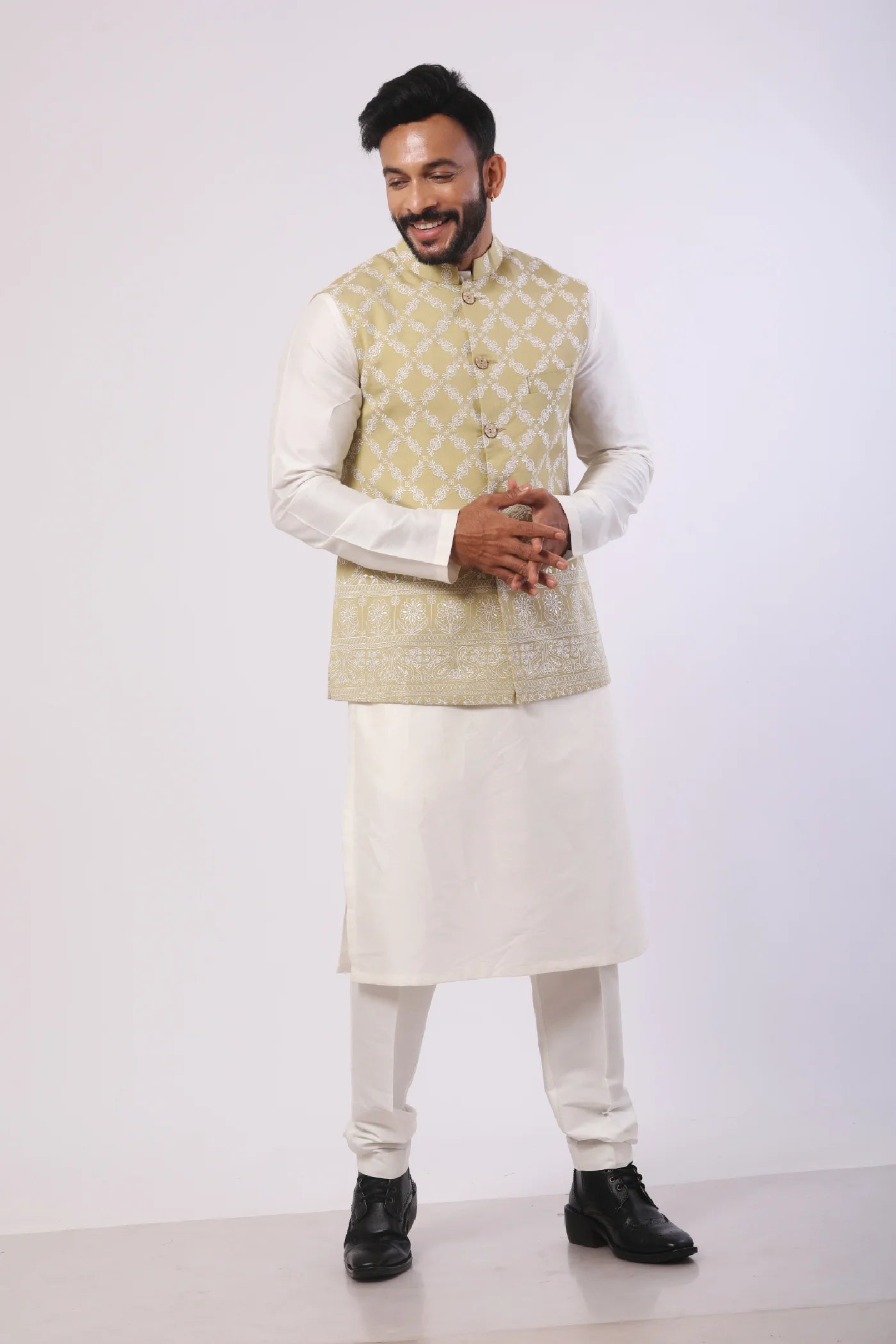 Mint Green Embroidered Katan Silk Kurta Set with Nehru Jacket