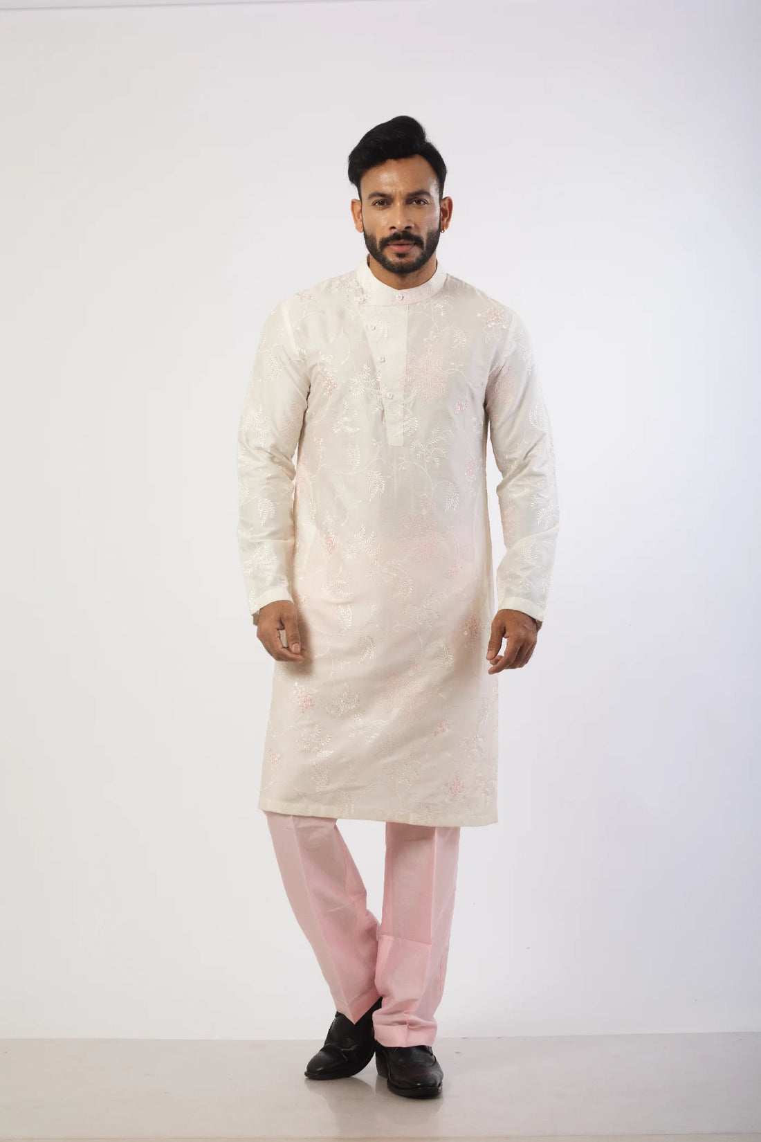 Off White embroidered Kurta with Pink Pant