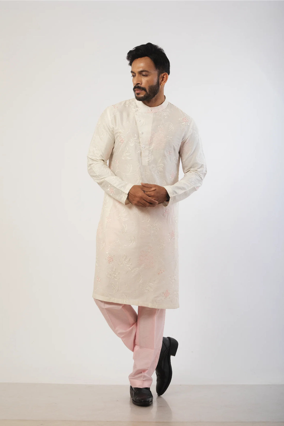 Off White embroidered Kurta with Pink Pant