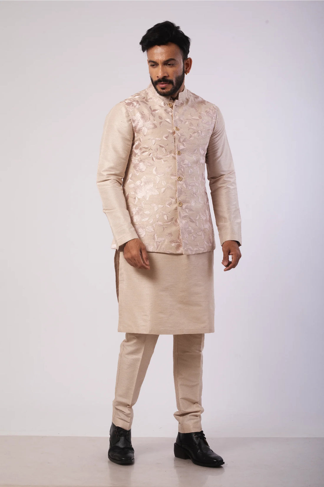 Cream Smooth Embroidered Nehru Coat with Kurta and Pant set