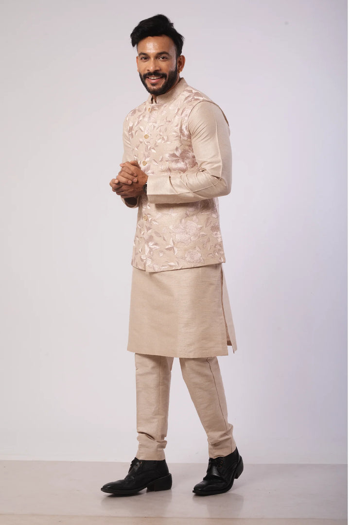 Cream Smooth Embroidered Nehru Coat with Kurta and Pant set