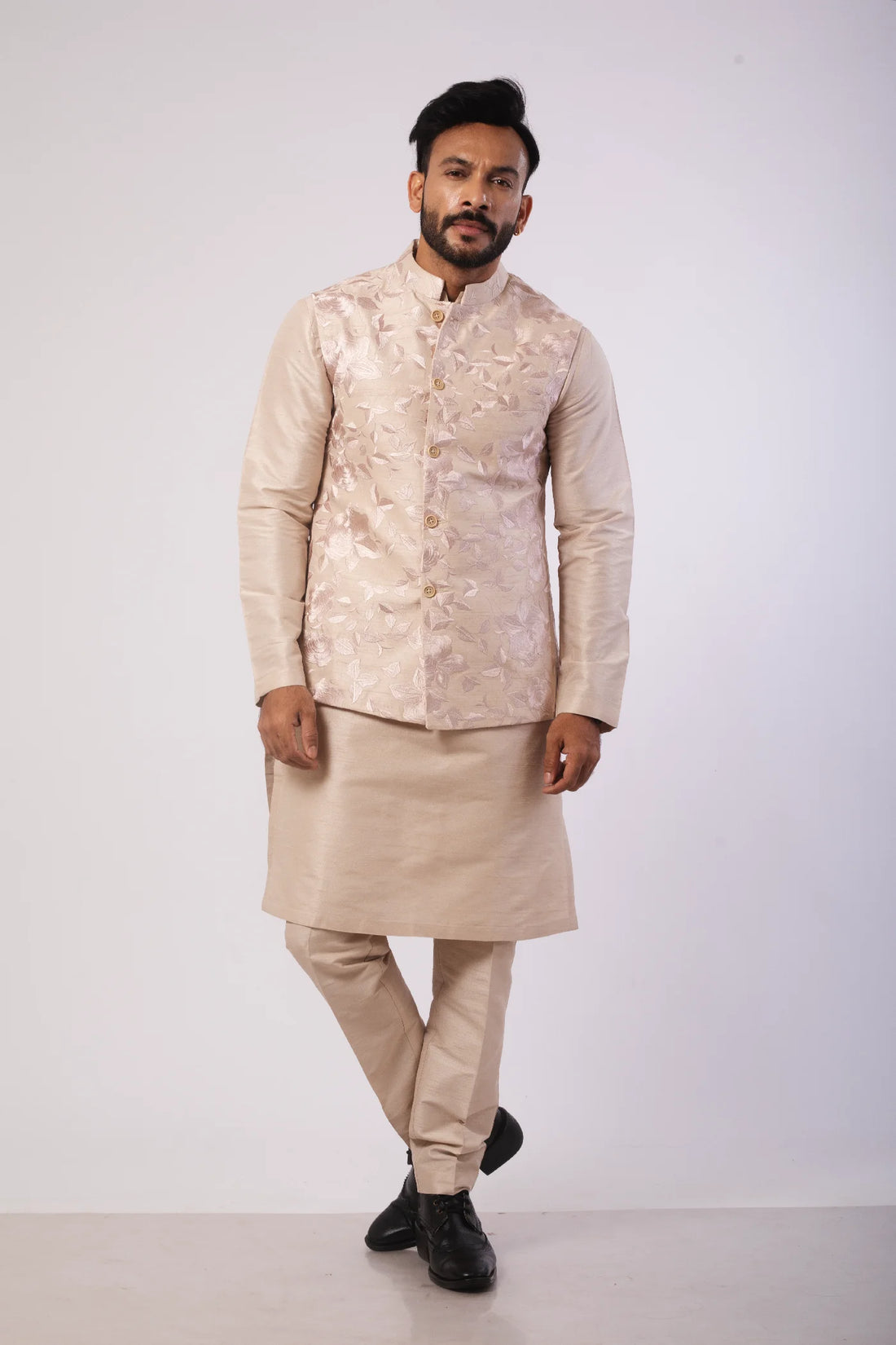 Cream Smooth Embroidered Nehru Coat with Kurta and Pant set