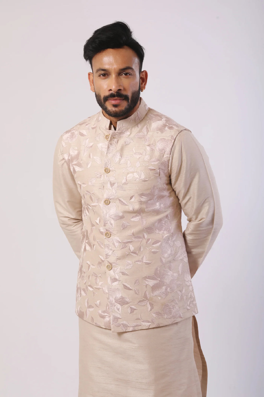 Cream Smooth Embroidered Nehru Coat with Kurta and Pant set