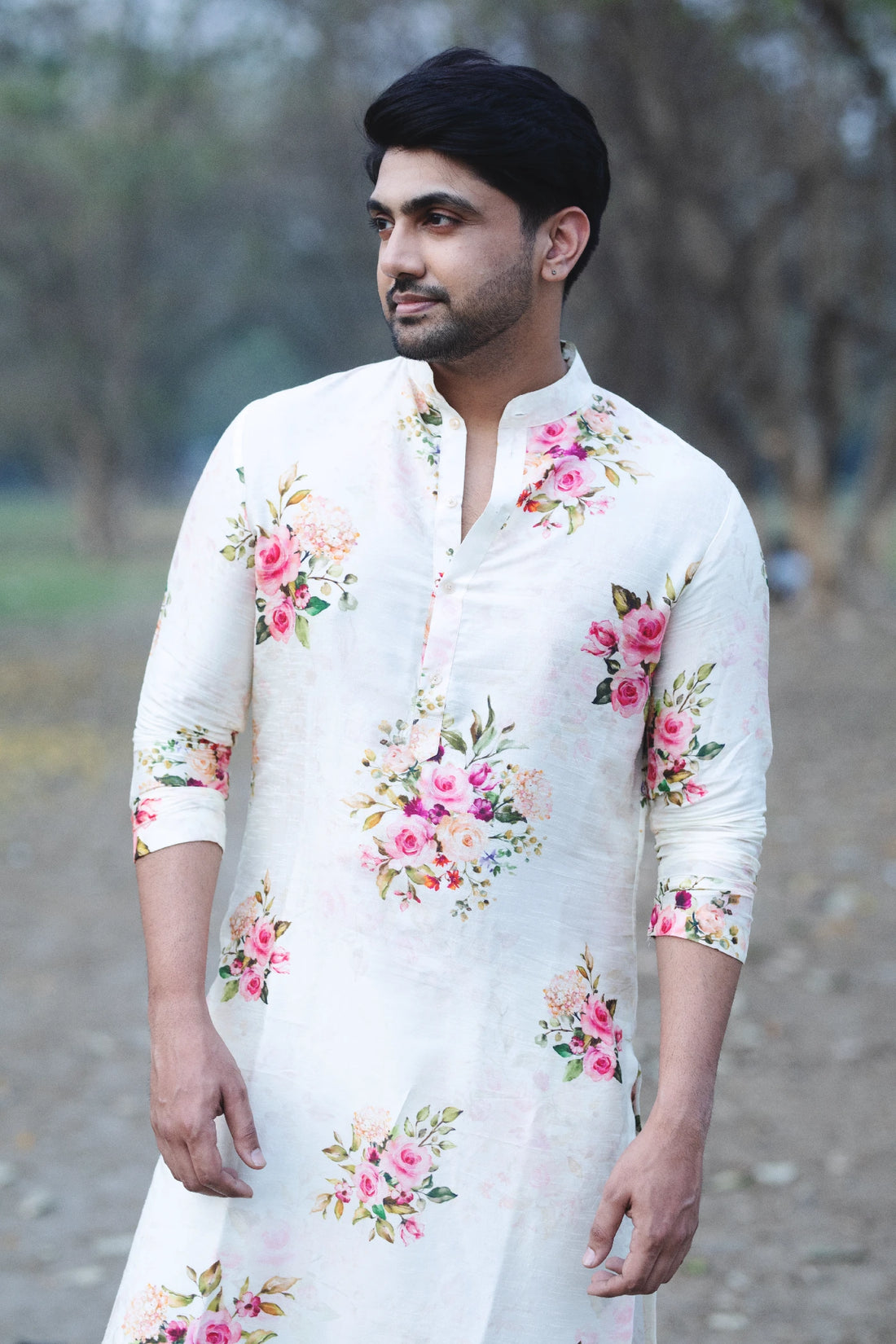 Off-white Floral Printed Silk Printed Kurta with Pant