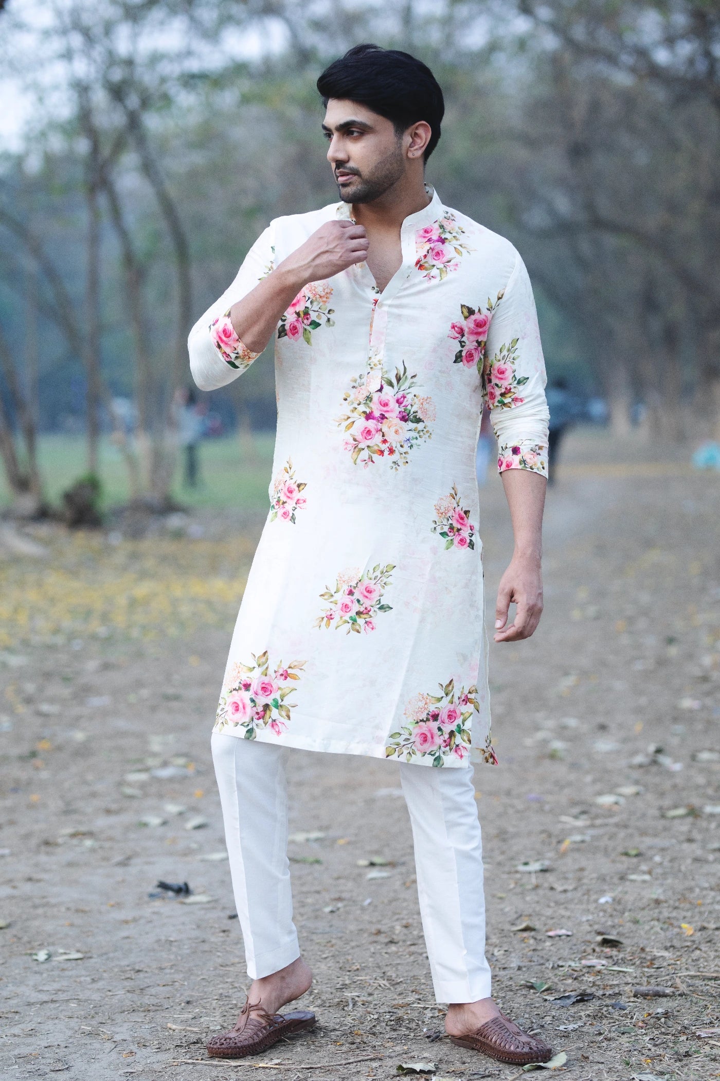 Off-white Floral Printed Silk Printed Kurta Set