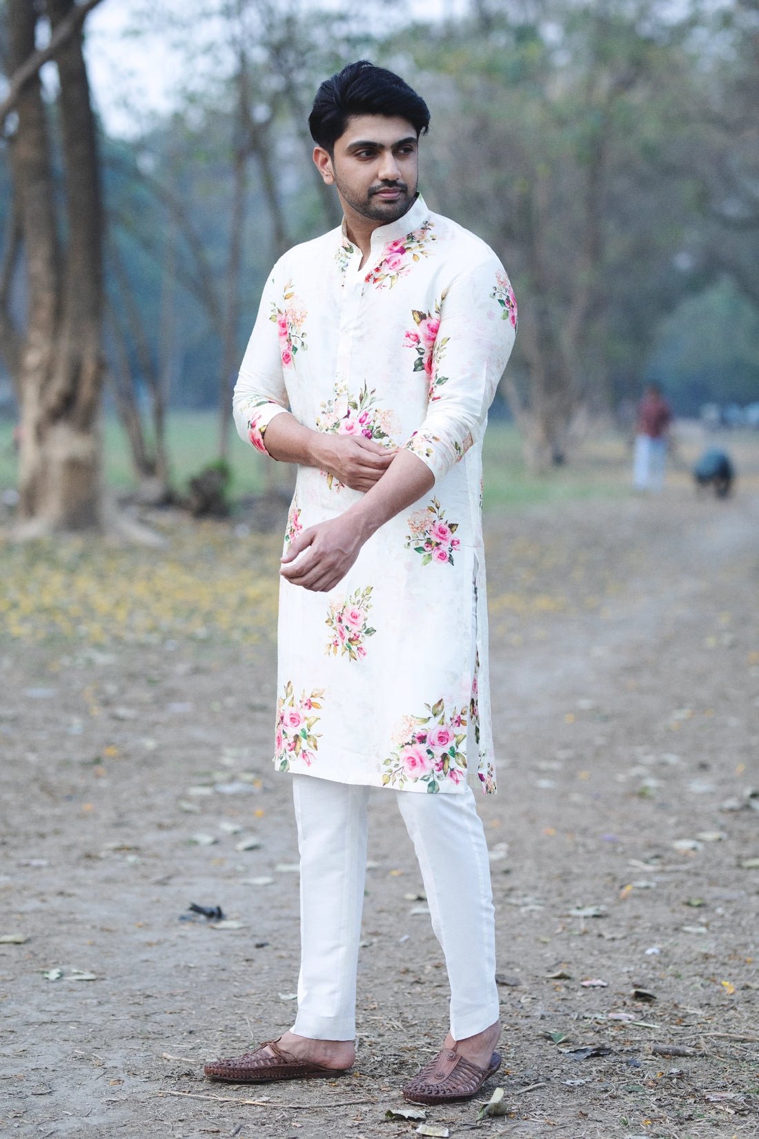 Off-white Floral Printed Silk Printed Kurta with Pant