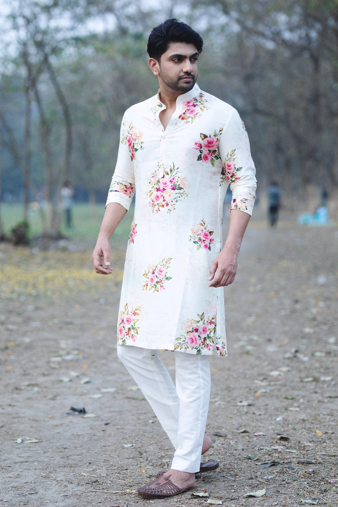 Off-white Floral Printed Silk Printed Kurta with Pant