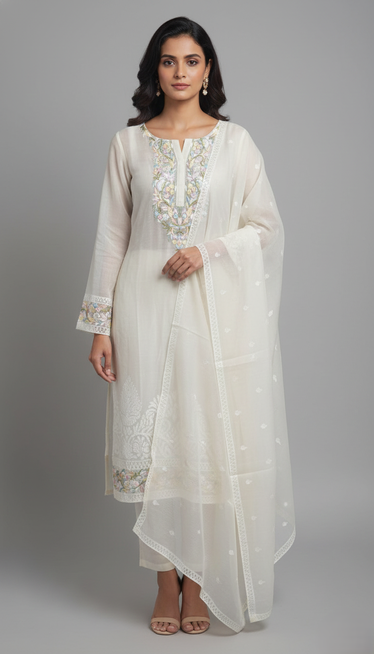 White Chanderi Semi-Stitched Kurta Set with Embroidery