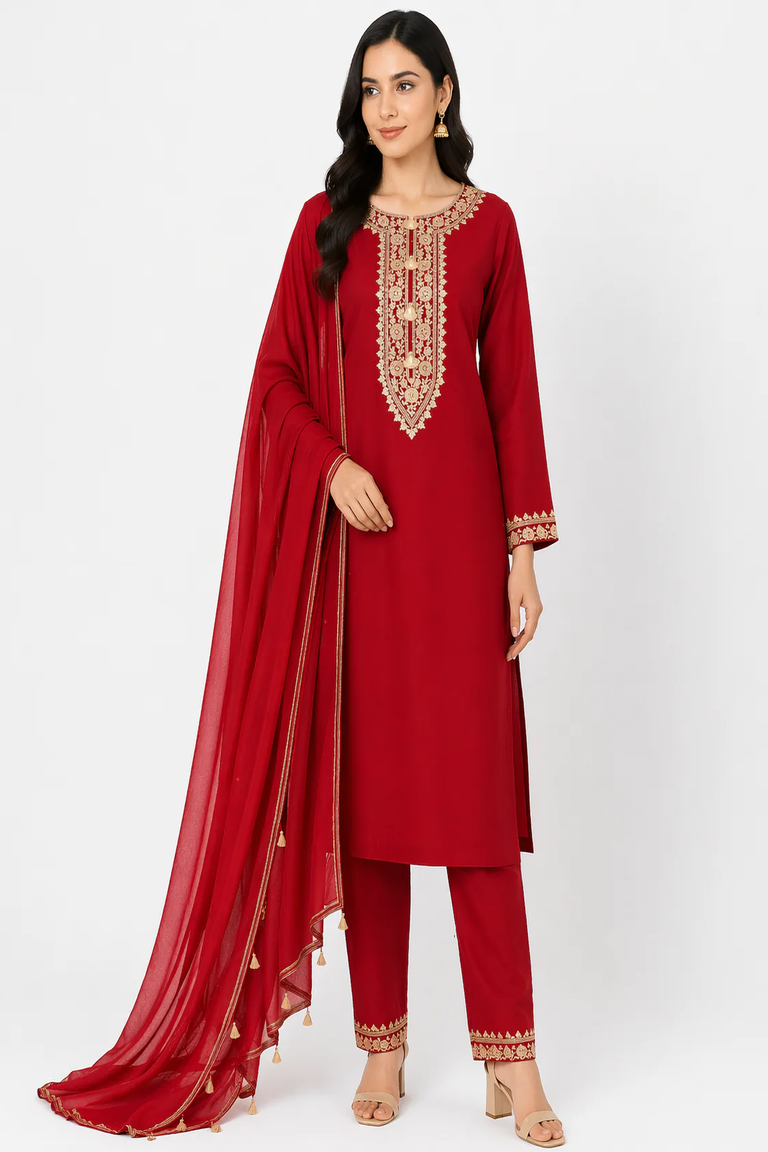 Red Katan Silk Kurti Set with Pant & Chanderi Dupatta