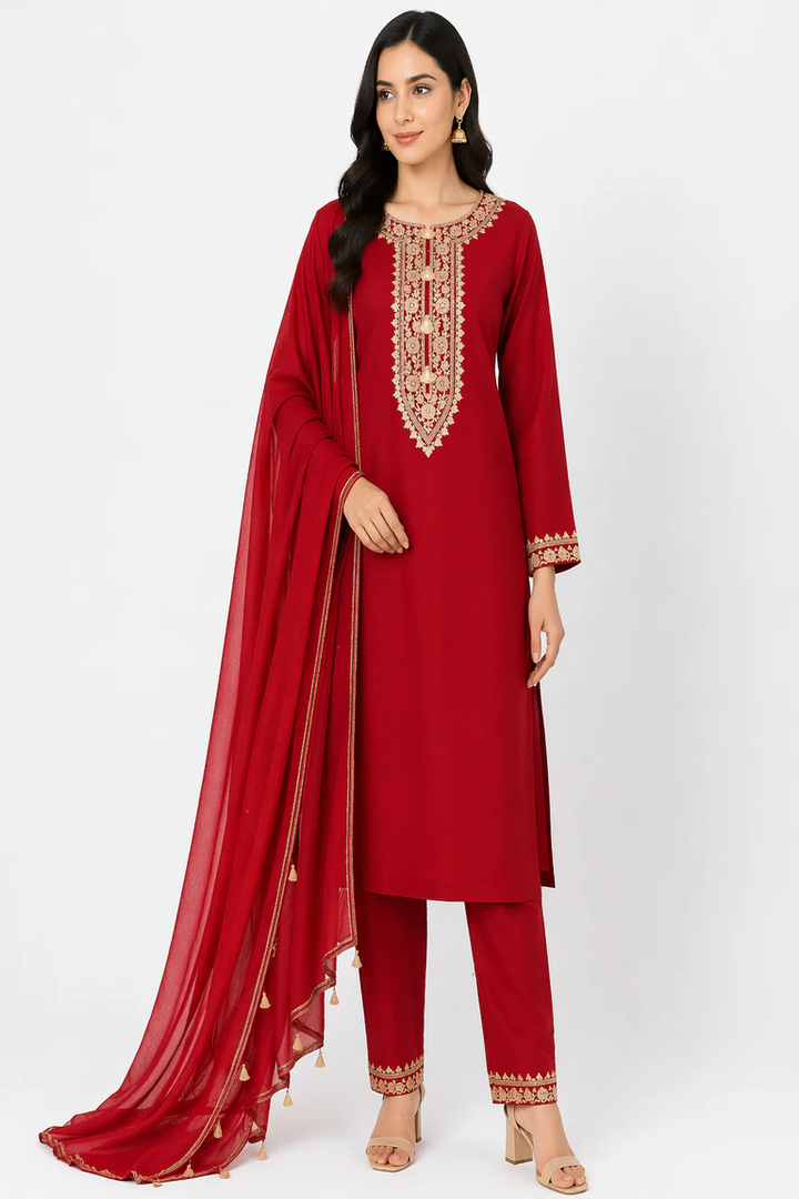 Red Katan Silk Kurti Set with Pant & Chanderi Dupatta