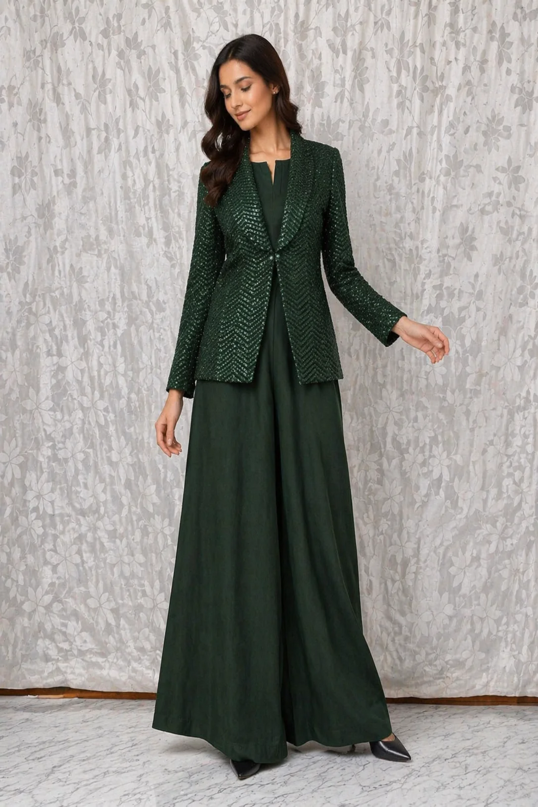 Bottle Green Crepe Jumpsuit Co-ord Set with Net Jacket