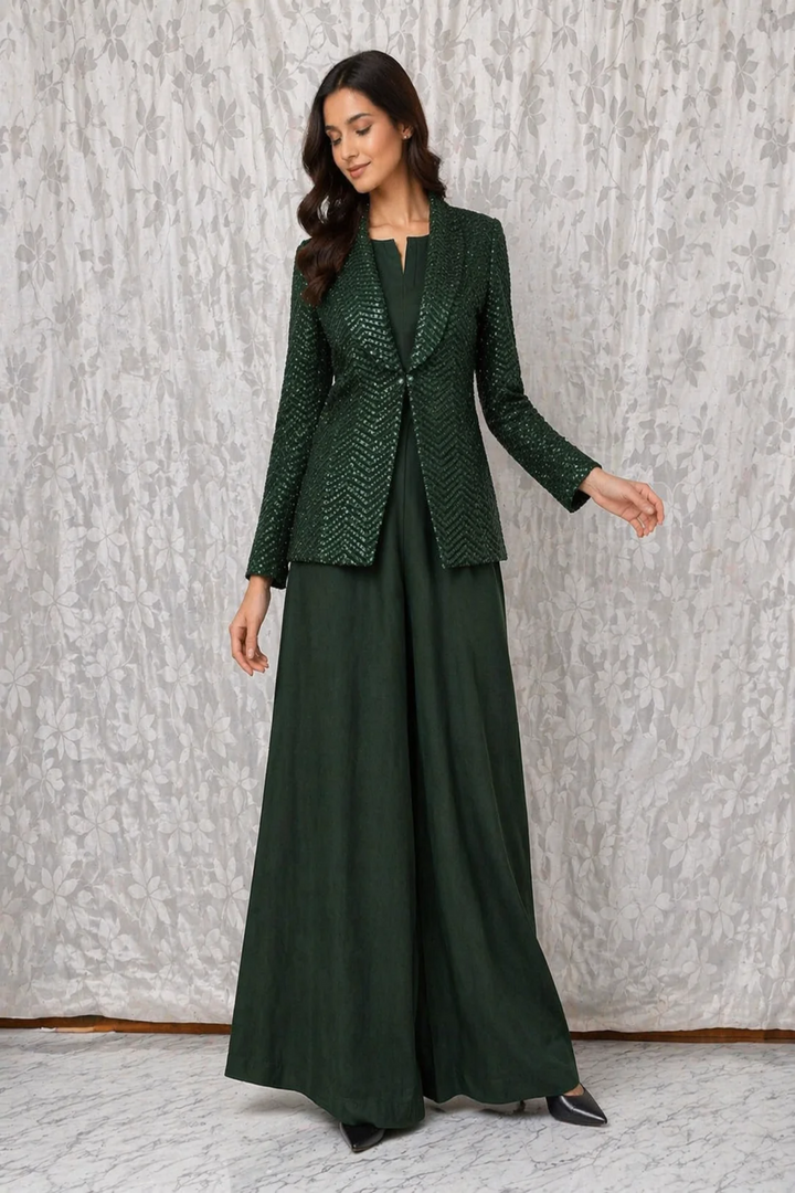 Bottle Green Crepe Jumpsuit Co-ord Set with Net Jacket