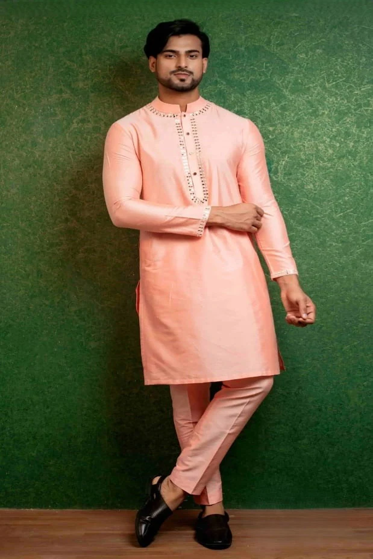 Pink Katan Silk Kurta Set with Pant and Mirror Work