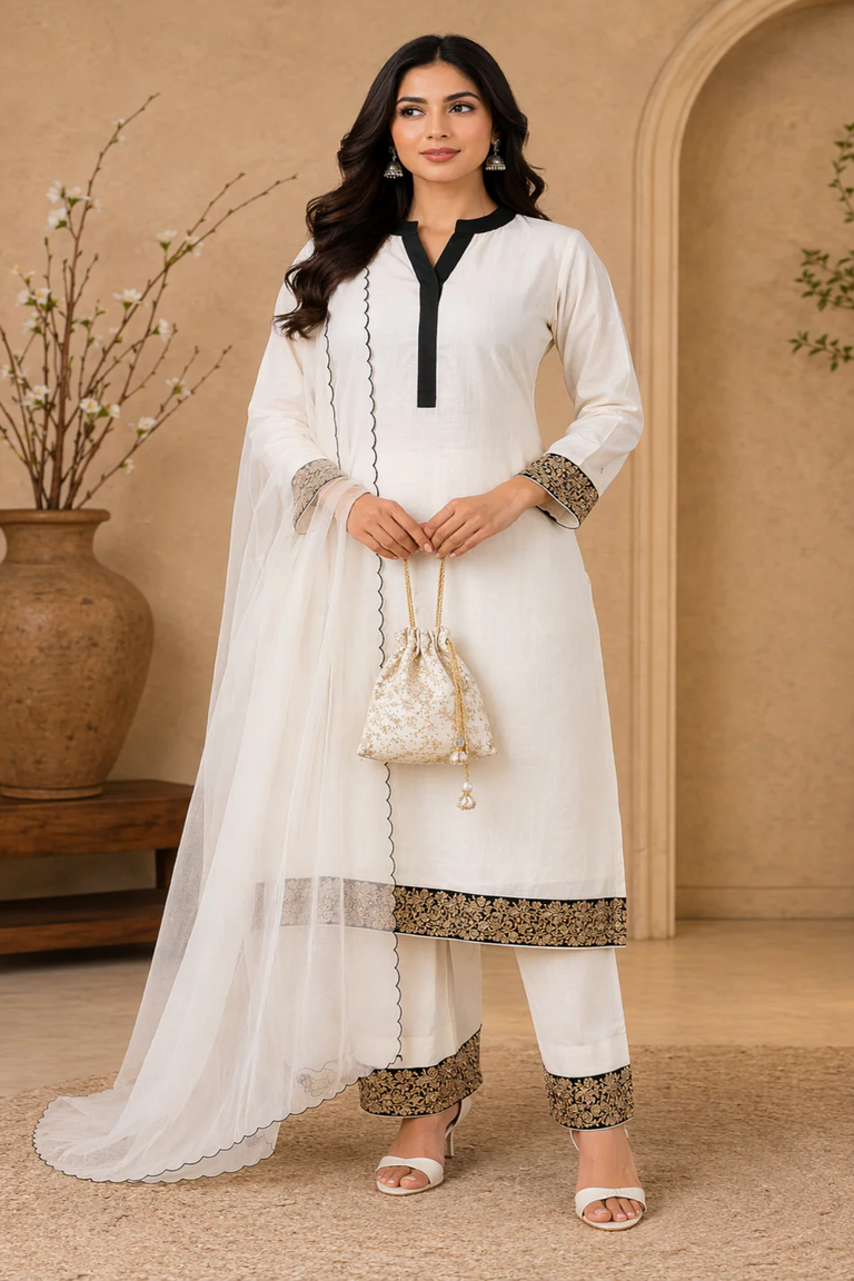 Off White Katan Silk Kurti Set with Pant & Organza Dupatta