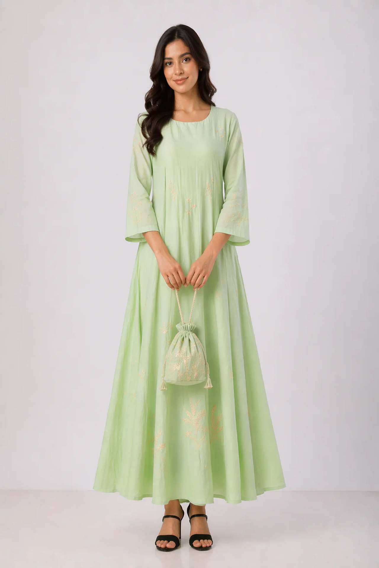 Pista Green Chanderi Anarkali with Aari Work