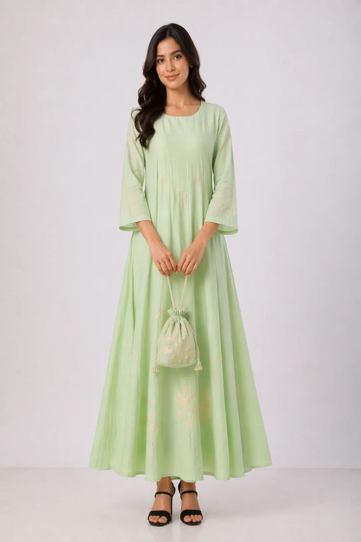 Pista Green Chanderi Anarkali with Aari Work