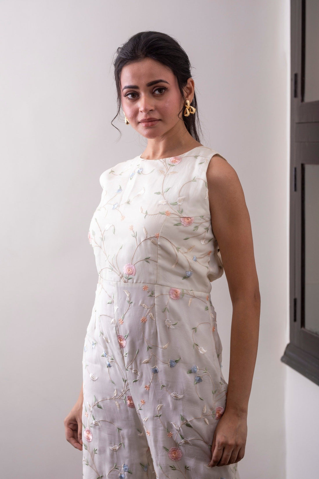 Off-White Viscose Organza Floral Resham Co-Ord Set