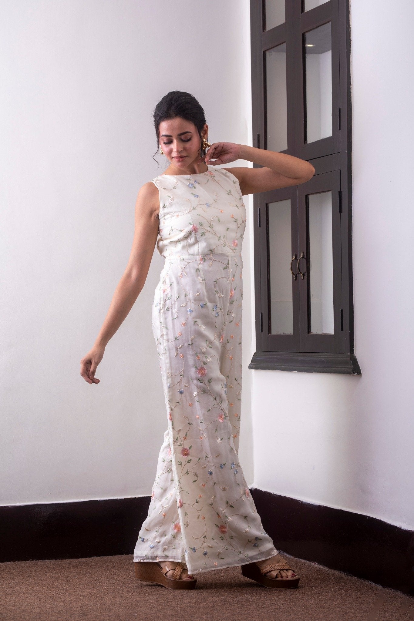 Off-White Viscose Organza Floral Resham Co-Ord Set