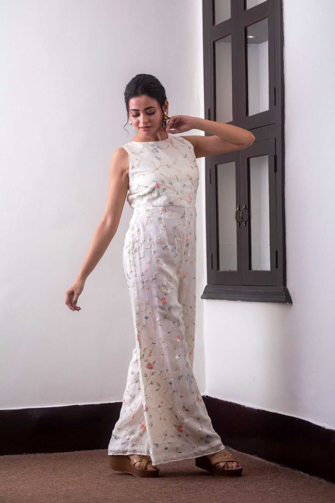 Off-White Viscose Organza Floral Resham Co-Ord Set