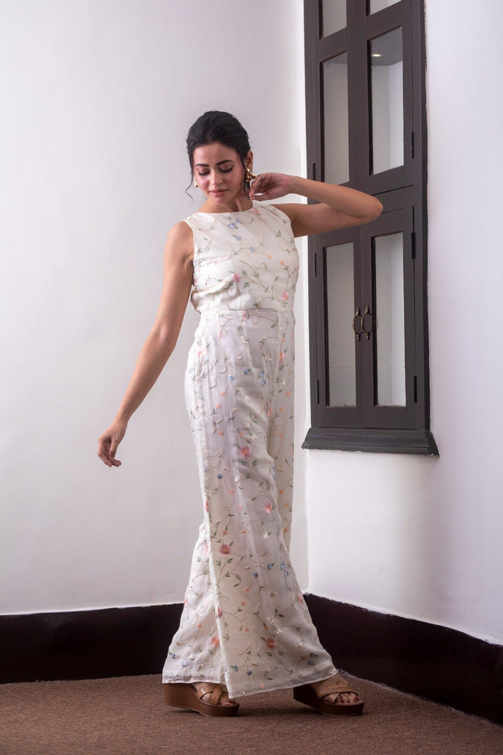 Off-White Viscose Organza Floral Resham Co-Ord Set