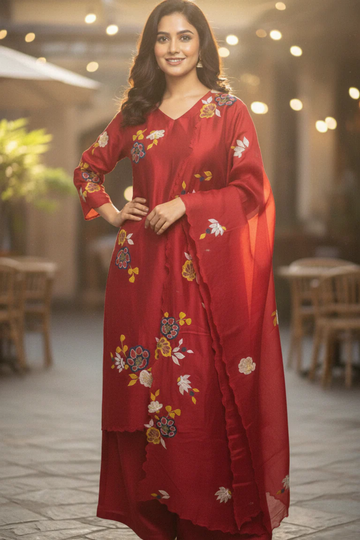 Maroon Pure Silk Chanderi Semi-Stitched Suit Set